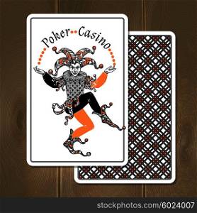 Joker Cards Realistic Illustration . Joker cards on wooden background with poker casino title realistic vector illustration