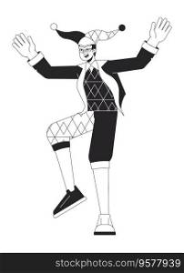 Joker in medieval costume flat line black white vector character. Funny man dancing. Entertainment. Editable outline full body person. Simple cartoon isolated spot illustration for web graphic design. Joker in medieval costume flat line black white vector character