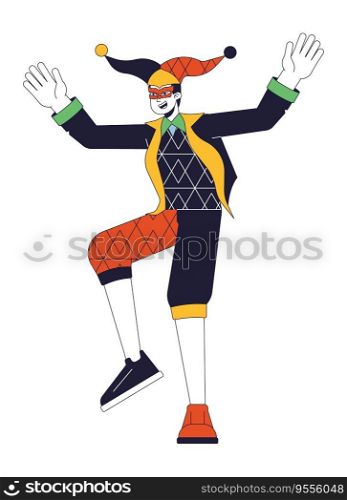 Joker in medieval costume flat line color vector character. Funny man dancing. Entertainment. Editable outline full body person on white. Simple cartoon spot illustration for web graphic design. Joker in medieval costume flat line color vector character