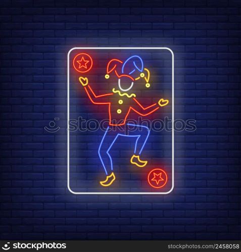 Joker playing card neon sign. Gambling, poker, casino, game design. Night bright neon sign, colorful billboard, light banner. Vector illustration in neon style.