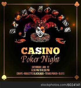 Joker Poker Illustration . Joker poster with casino and poker night advertisement flat vector illustration