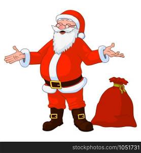 Jolly plump Santa Claus with divorced hands and bag full of gifts. Vector Illustration. Vector Illustration of jolly plump Santa Claus with divorced hands and bag full of gifts.