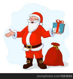 Jolly plump Santa Claus with divorced hands and gift box, bag full of gifts. Vector Illustration. Vector Illustration of jolly plump Santa Claus with divorced hands and gift box, bag full of gifts