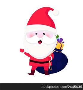 Jolly Santa Claus carrying sack of gifts. Happy, waving hands, welcoming. Christmas character concept. Can be used for topics like tradition, winter, New Year. Jolly Santa Claus carrying sack of gifts