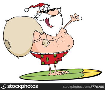 Jolly Santa Claus Surfing With His Sack