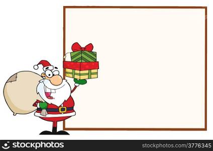 Jolly Santa Holding A Sack Over His Shoulder And Gifts Presenting A Blank Sign Board