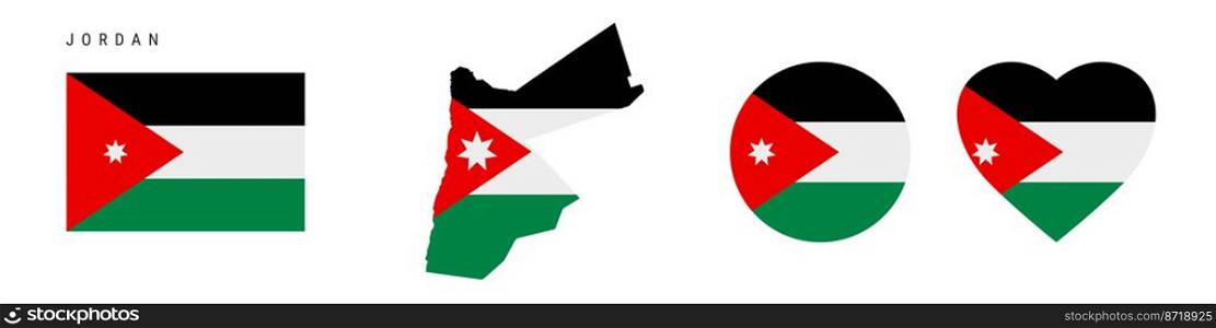 Jordan flag icon set. Hashemite Kingdom of Jordan pennant in official colors and proportions. Rectangular, map-shaped, circle and heart-shaped. Flat vector illustration isolated on white.. Jordan flag in different shapes icon set. Flat vector illustration