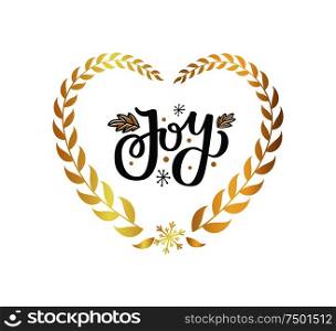 Jot print with leaves and snowflakes, lettering text vector isolated . Winter holidays greetings on New Year, calligraphic doodles in heart shape frame. Jot Print with Leaves, Snowflakes, Lettering Text