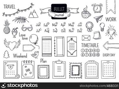 Journal hand drawn elements. Notebook doodle bullets, schedule calendar diary sketch line elements. Vector doodle bullet set. Journal hand drawn elements. Notebook doodle bullets, schedule calendar diary sketch line elements. Vector doodle bullet