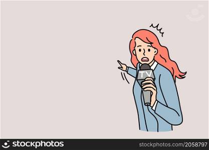 Journalism and breaking news concept. Surprised woman journalist standing holding microphone pointing with finger at place of news looking at camera vector illustration. Journalism and breaking news concept.