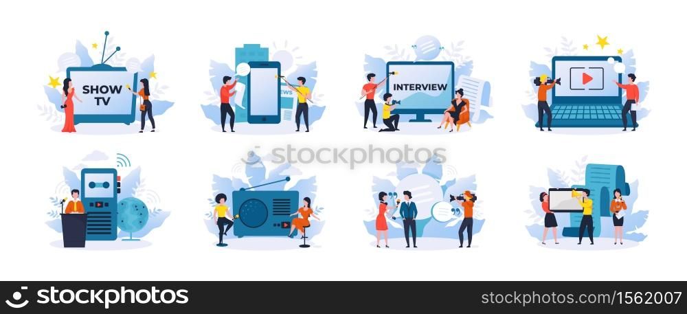 Journalism. Mass media, radio and TV news scenes with cartoon characters, internet online source and newspaper. Vector set illustration of TV reporters and journalists with camera. Journalism. Mass media, radio and TV news scenes with cartoon characters, internet online source and newspaper. Vector set of TV reporters and journalists