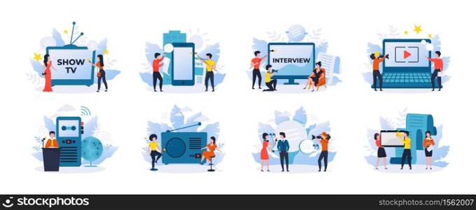 Journalism. Mass media, radio and TV news scenes with cartoon characters, internet online source and newspaper. Vector set illustration of TV reporters and journalists with camera. Journalism. Mass media, radio and TV news scenes with cartoon characters, internet online source and newspaper. Vector set of TV reporters and journalists