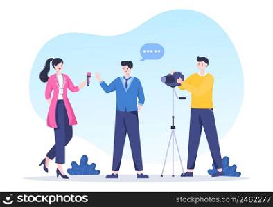 Journalism or Social Broadcasting with Equipment, News, Microphones, Reporter and Interview Speech Media Event in Flat Style Cartoon Illustration