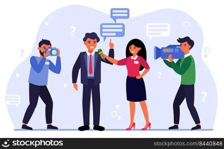 Journalist conducting interview with man flat vector illustration. Cartoon character with microphone, operator and paparazzi. Conversation and media concept