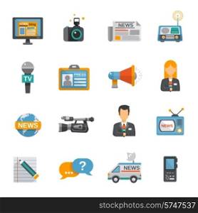 Journalist icon flat set with camera microphone tv van isolated vector illustration