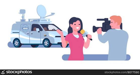 Journalist is reporting from scene outside news TV channels second car. Reporter with microphone recording video by camcorder. Reportage broadcast. Press workers. Minivan with antennas. Vector concept. Journalist is reporting from scene outside news TV channels second car. Reporter with microphone recording video by camcorder. Reportage broadcast. Minivan with antennas. Vector concept