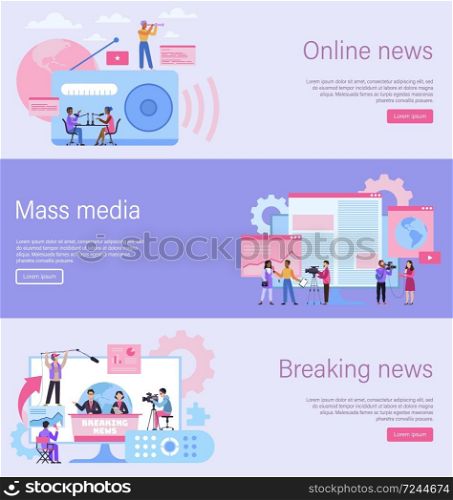Journalist landing page. Online news banner, mass media website, breaking news content. Recording interview with camera. Radio television and newspaper digital web template, vector flat illustration. Journalist landing page. Online news banner, mass media website, breaking news content. Recording interview with camera. Radio, tv and newspaper web template, vector flat illustration