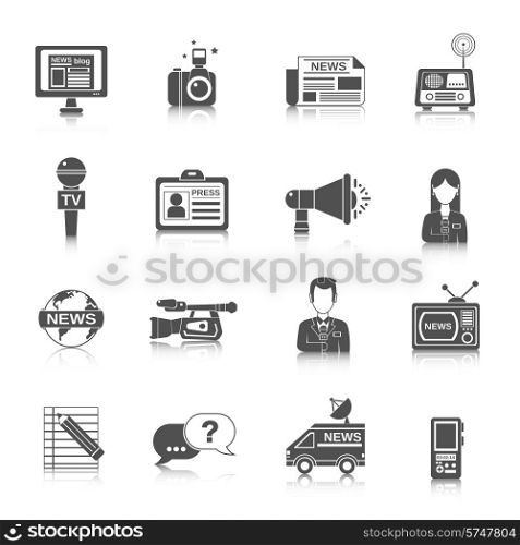 Journalist newspaper and tv journalism profession icon black set isolated vector illustration