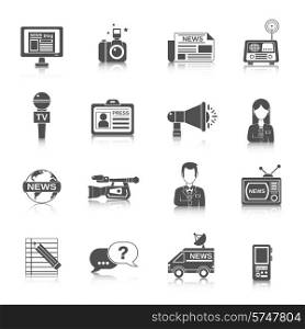 Journalist newspaper and tv journalism profession icon black set isolated vector illustration