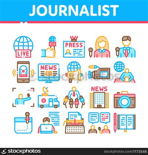 Journalist Reporter Collection Icons Set Vector Thin Line. Journalist And Hand With Microphone, Video And Photo Camera, Press And Live News Concept Linear Pictograms. Color Contour Illustrations. Journalist Reporter Collection Icons Set Vector