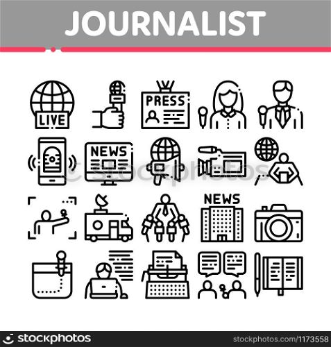 Journalist Reporter Collection Icons Set Vector Thin Line. Journalist And Hand With Microphone, Video And Photo Camera, Press And Live News Concept Linear Pictograms. Monochrome Contour Illustrations. Journalist Reporter Collection Icons Set Vector