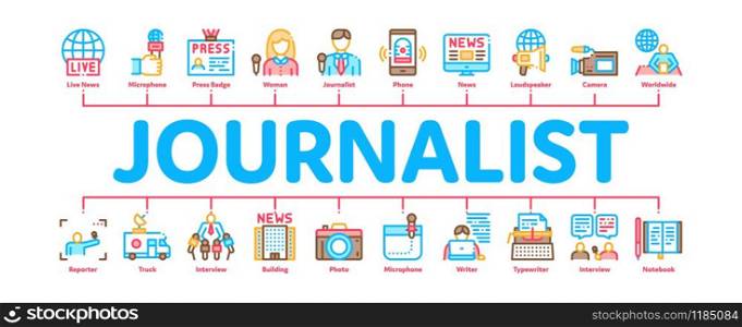 Journalist Reporter Minimal Infographic Web Banner Vector. Journalist And Hand With Microphone, Video And Photo Camera, Press And Live News Concept Illustrations. Journalist Reporter Minimal Infographic Banner Vector