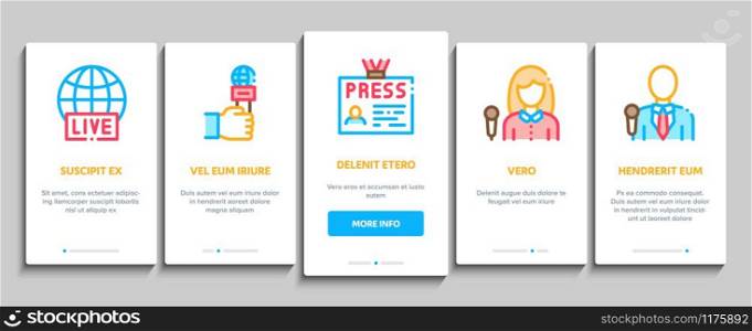 Journalist Reporter Onboarding Mobile App Page Screen Vector. Journalist And Hand With Microphone, Video And Photo Camera, Press And Live News Concept Linear Pictograms. Color Contour Illustrations. Journalist Reporter Onboarding Elements Icons Set Vector