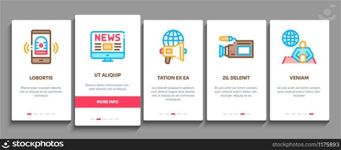 Journalist Reporter Onboarding Mobile App Page Screen Vector. Journalist And Hand With Microphone, Video And Photo Camera, Press And Live News Concept Linear Pictograms. Color Contour Illustrations. Journalist Reporter Onboarding Elements Icons Set Vector