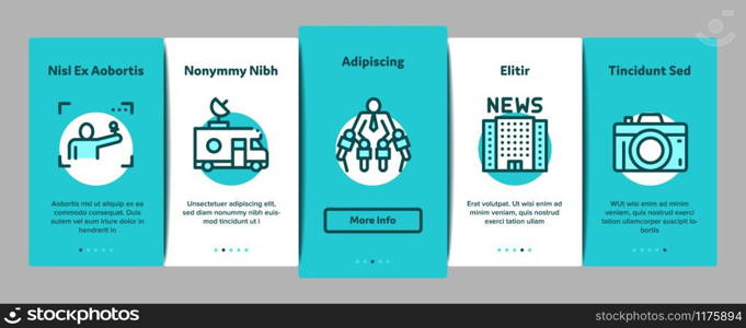 Journalist Reporter Onboarding Mobile App Page Screen Vector. Journalist And Hand With Microphone, Video And Photo Camera, Press And Live News Concept Linear Pictograms. Color Contour Illustrations. Journalist Reporter Onboarding Elements Icons Set Vector