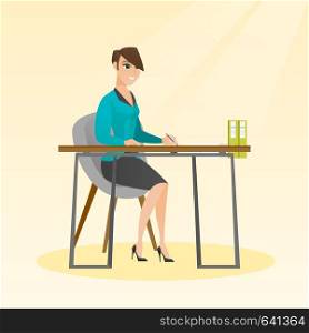 Journalist sitting at the table and writing in a notebook with a pencil. Journalist writing notes with a pencil. Business woman working at the table. Vector flat design illustration. Square layout.. Journalist writing in a notebook with a pencil.
