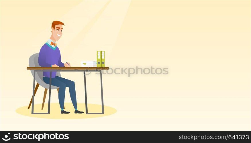 Journalist sitting at the table and writing in a notebook with a pencil. Journalist writing notes with a pencil. Businessman working at the table. Vector flat design illustration. Horizontal layout.. Journalist writing in a notebook with a pencil.