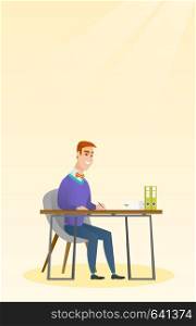 Journalist sitting at the table and writing in a notebook with a pencil. Journalist writing notes with a pencil. Businessman working at the table. Vector flat design illustration. Vertical layout.. Journalist writing in a notebook with a pencil.