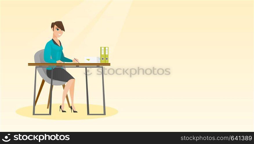 Journalist sitting at the table and writing in a notebook with a pencil. Journalist writing notes with a pencil. Business woman working at the table. Vector flat design illustration. Horizontal layout. Journalist writing in a notebook with a pencil.