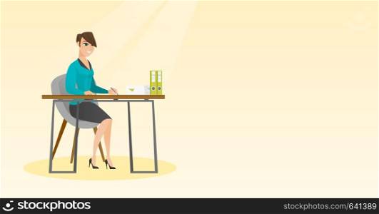 Journalist sitting at the table and writing in a notebook with a pencil. Journalist writing notes with a pencil. Business woman working at the table. Vector flat design illustration. Horizontal layout. Journalist writing in a notebook with a pencil.