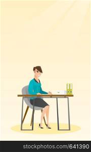 Journalist sitting at the table and writing in a notebook with a pencil. Journalist writing notes with a pencil. Business woman working at the table. Vector flat design illustration. Vertical layout.. Journalist writing in a notebook with a pencil.