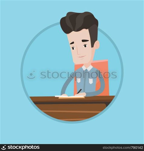 Journalist sitting at the table and writing in notebook. Journalist writing notes with pencil. Journalist working at the table. Vector flat design illustration in the circle isolated on background.. Journalist writing in notebook with pencil.