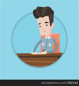 Journalist sitting at the table and writing in notebook. Journalist writing notes with pencil. Journalist working at the table. Vector flat design illustration in the circle isolated on background.. Journalist writing in notebook with pencil.