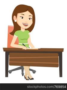 Journalist sitting at the table and writing notes in notebook. Journalist writing an article. Journalist working at the table in office. Vector flat design illustration isolated on white background.. Journalist writing in notebook with pencil.