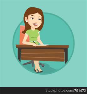 Journalist sitting at the table and writing notes in notebook. Journalist writing article. Caucasian journalist working in office. Vector flat design illustration in the circle isolated on background.. Journalist writing in notebook with pencil.
