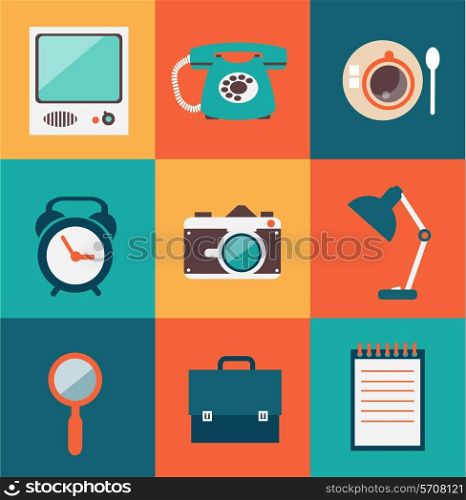 journalist, television, camera, mobile phone, notebook, cup of tea, bags, watches illustration