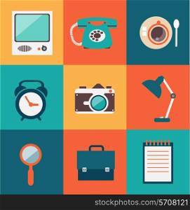 journalist, television, camera, mobile phone, notebook, cup of tea, bags, watches illustration