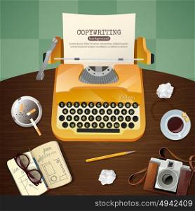 Journalist Vintage Typewriter Illustration. Flat workplace for journalist with vintage typewriter camera and notepad vector illustration