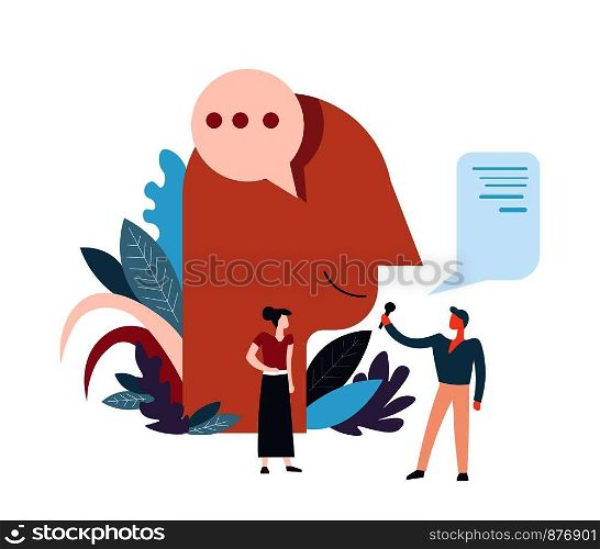 Journalist with mic asking question journalism job vector. Male and female listening carefully to person thoughts in bubbles. Decorative set foliage and leaves by head of human giving answers. Journalist with mic asking question journalism job vector
