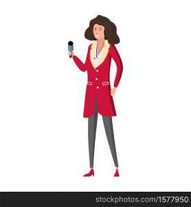 Journalist woman reporter presenting live news talk with microphone. Journalist woman reporter presenting live news talk with microphone concept. Vector illustration in flat cartoon style