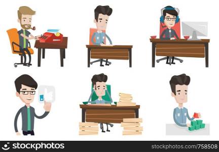 Journalist writing an article on a typewriter. Journalist working on typewriter. Journalist smoking pipe during writing an article. Set of vector flat design illustrations isolated on white background. Vector set of media people characters.