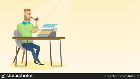Journalist writing an article on a vintage typewriter. Journalist working on a retro typewriter. Journalist smoking a pipe during writing an article. Vector flat design illustration. Horizontal layout. Journalist working on retro typewriter.