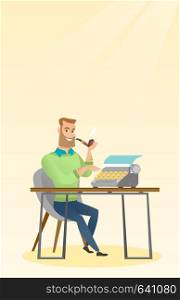 Journalist writing an article on a vintage typewriter. Journalist working on a retro typewriter. Journalist smoking a pipe during writing an article. Vector flat design illustration. Vertical layout.. Journalist working on retro typewriter.
