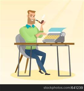 Journalist writing an article on a vintage typewriter. Journalist working on a retro typewriter. Journalist smoking a pipe during writing an article. Vector flat design illustration. Square layout.. Journalist working on retro typewriter.
