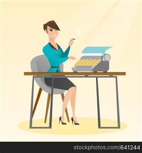 Journalist writing an article on a vintage typewriter. Journalist working on a typewriter. Journalist smoking a cigarette during writing an article. Vector flat design illustration. Square layout.. Journalist working on retro typewriter.