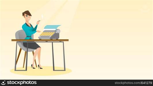 Journalist writing an article on a vintage typewriter. Journalist working on a typewriter. Journalist smoking a cigarette during writing an article. Vector flat design illustration. Horizontal layout.. Journalist working on retro typewriter.